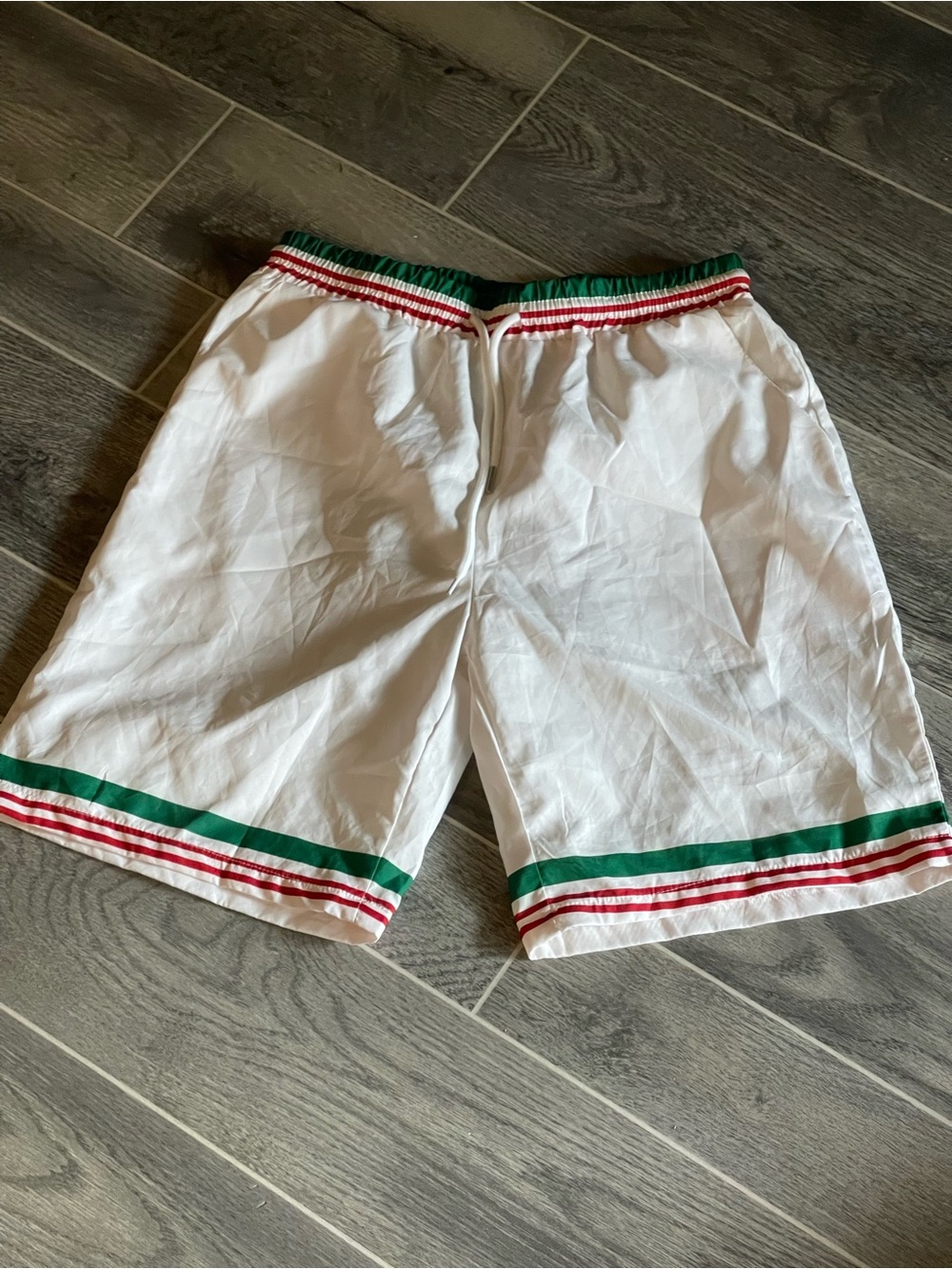 Men’s White Athletic Shorts with Green & Red Stripe Trim